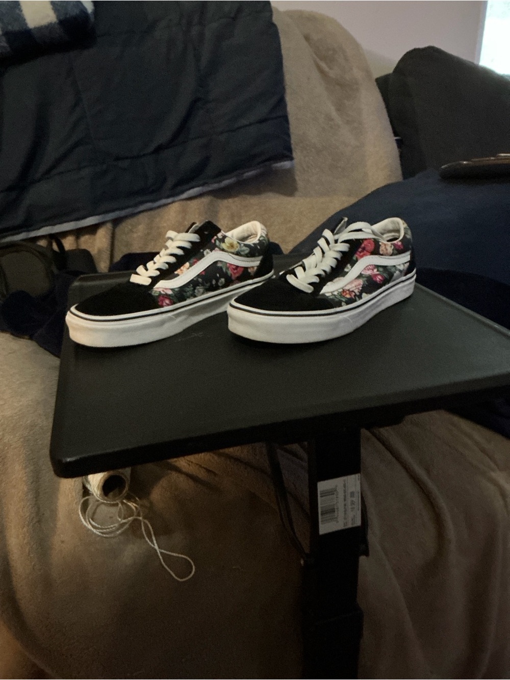Vans Black Floral Old Skool Low Top Sneakers with White Stripe (Womens 8)
